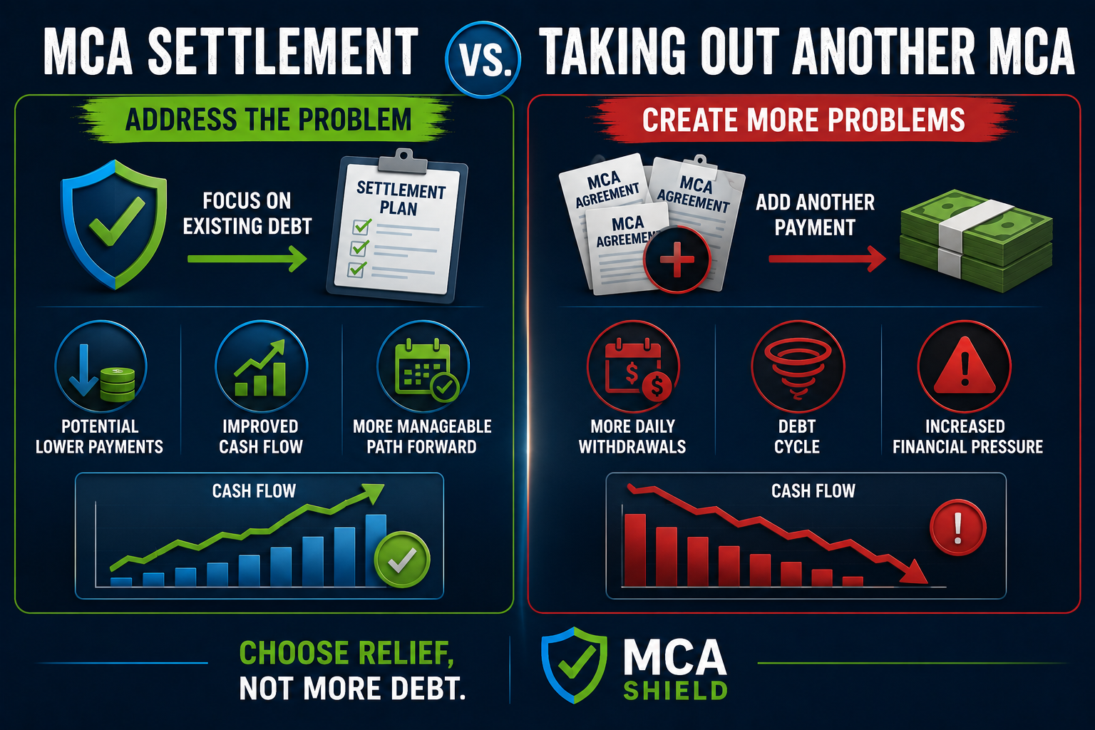 MCA settlement vs taking out another merchant cash advance comparison showing cash flow, payments, debt cycle, and financial pressure