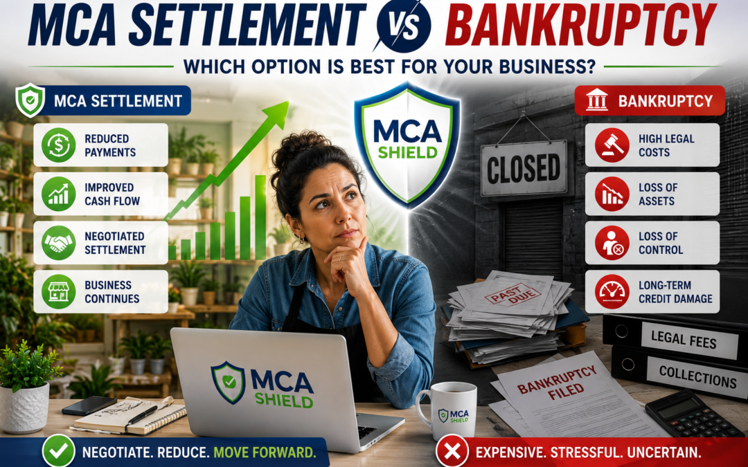 MCA settlement vs bankruptcy comparison showing business debt relief options and cash flow impact