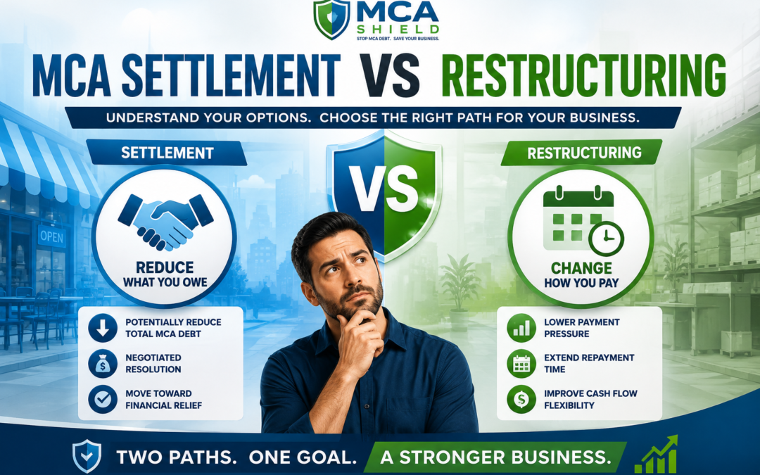 MCA settlement vs restructuring comparison showing debt reduction and payment restructuring options for businesses