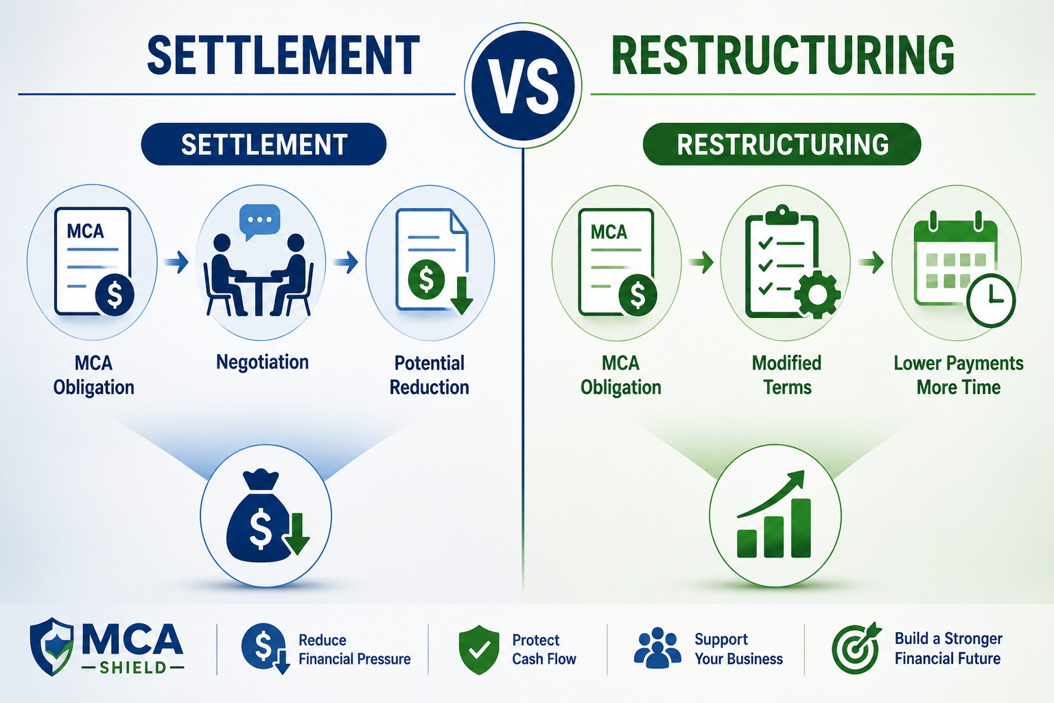 MCA settlement vs restructuring comparison showing potential debt reduction versus modified payments and repayment terms