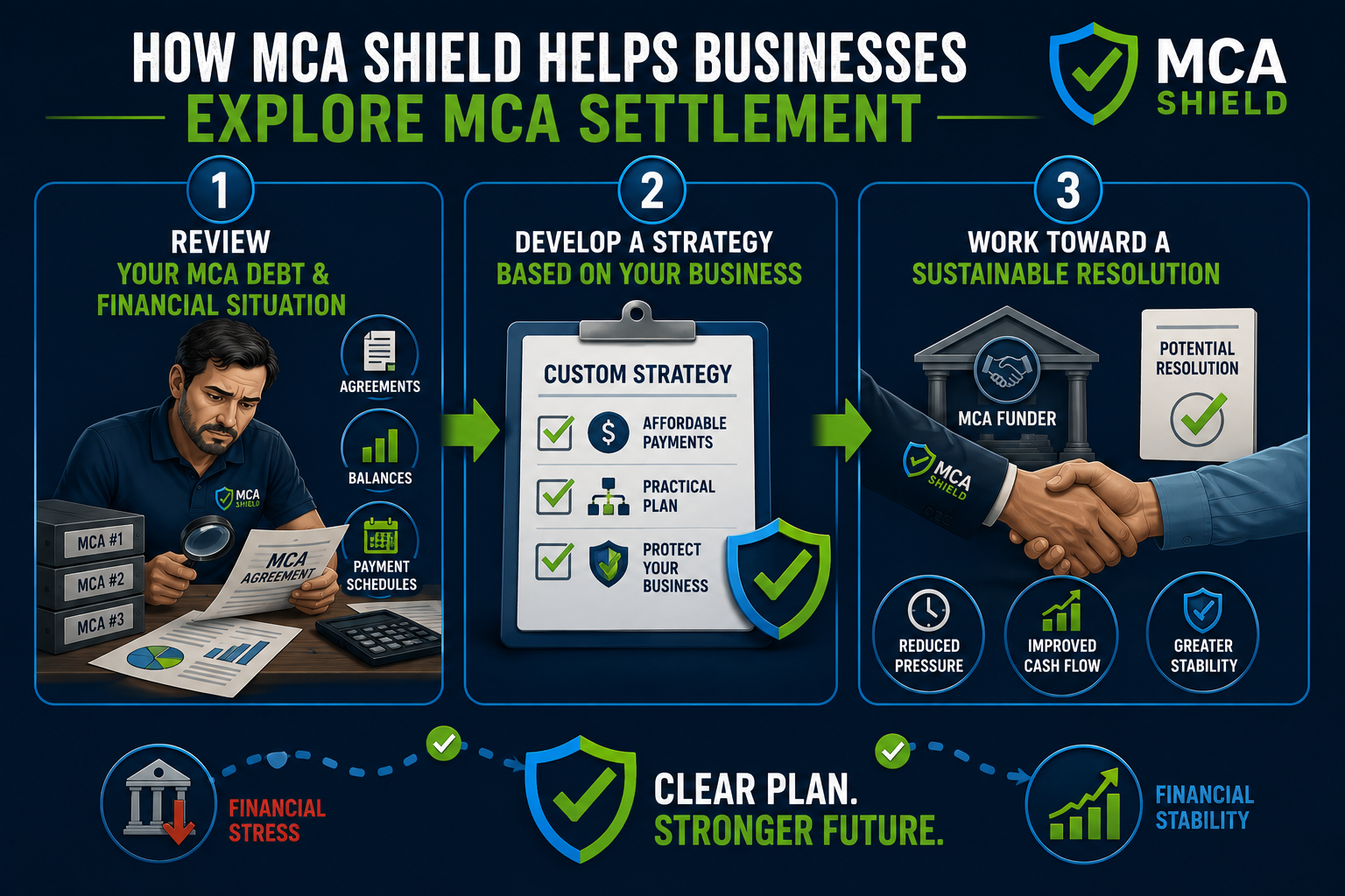 MCA Shield helps businesses explore merchant cash advance settlement by reviewing MCA debt, developing a customized strategy, and working toward a sustainable resolution