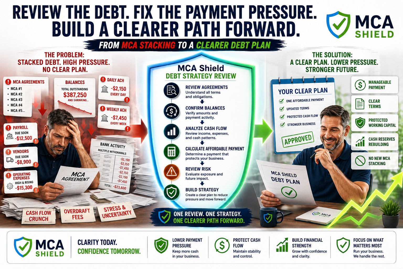 MCA debt strategy review showing stacked MCA payments transformed into a manageable payment plan with protected working capital and improved cash flow