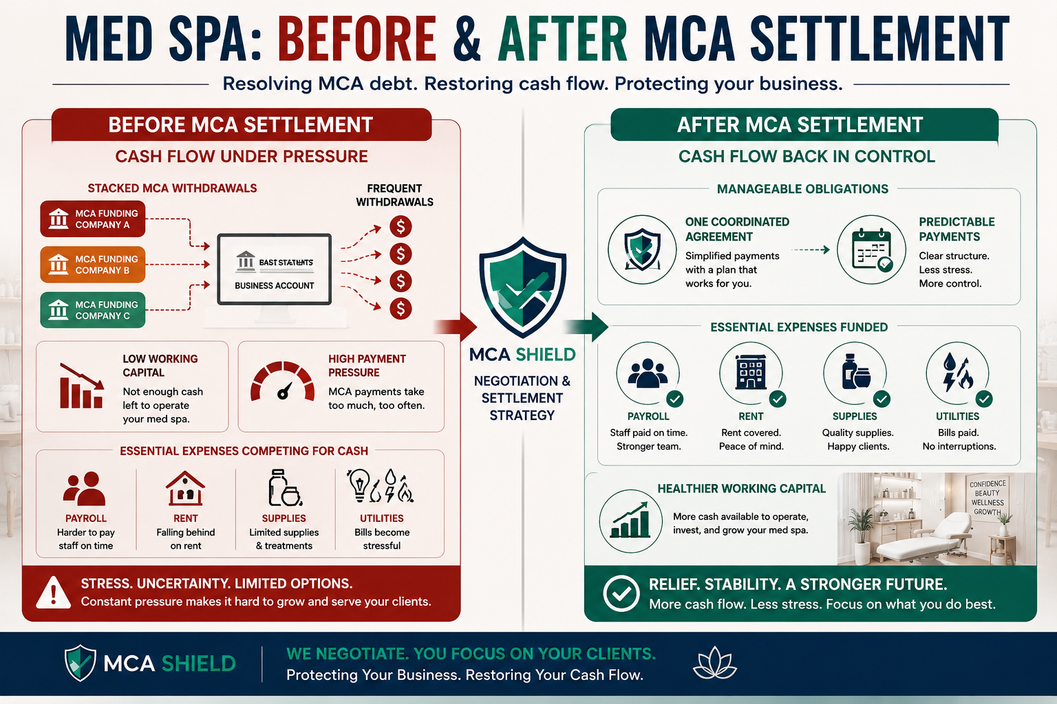 Med spa before and after MCA settlement showing reduced payment pressure and healthier working capital