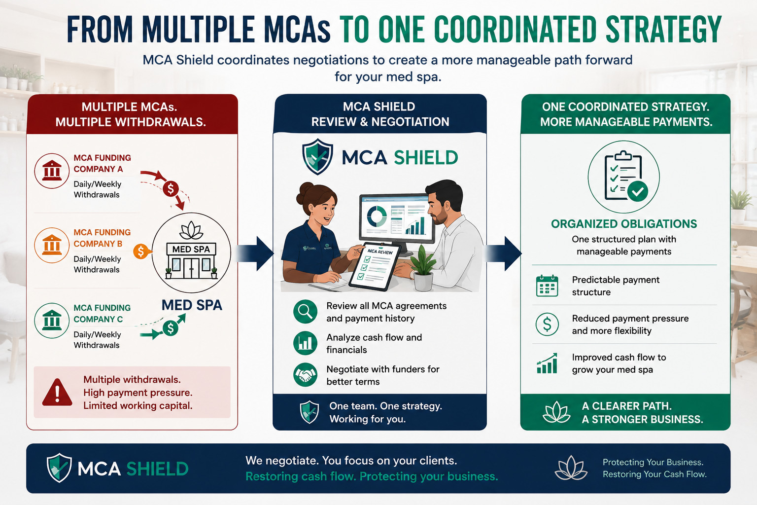 Med spa multiple MCA settlement strategy showing coordinated negotiations and more manageable payment obligations