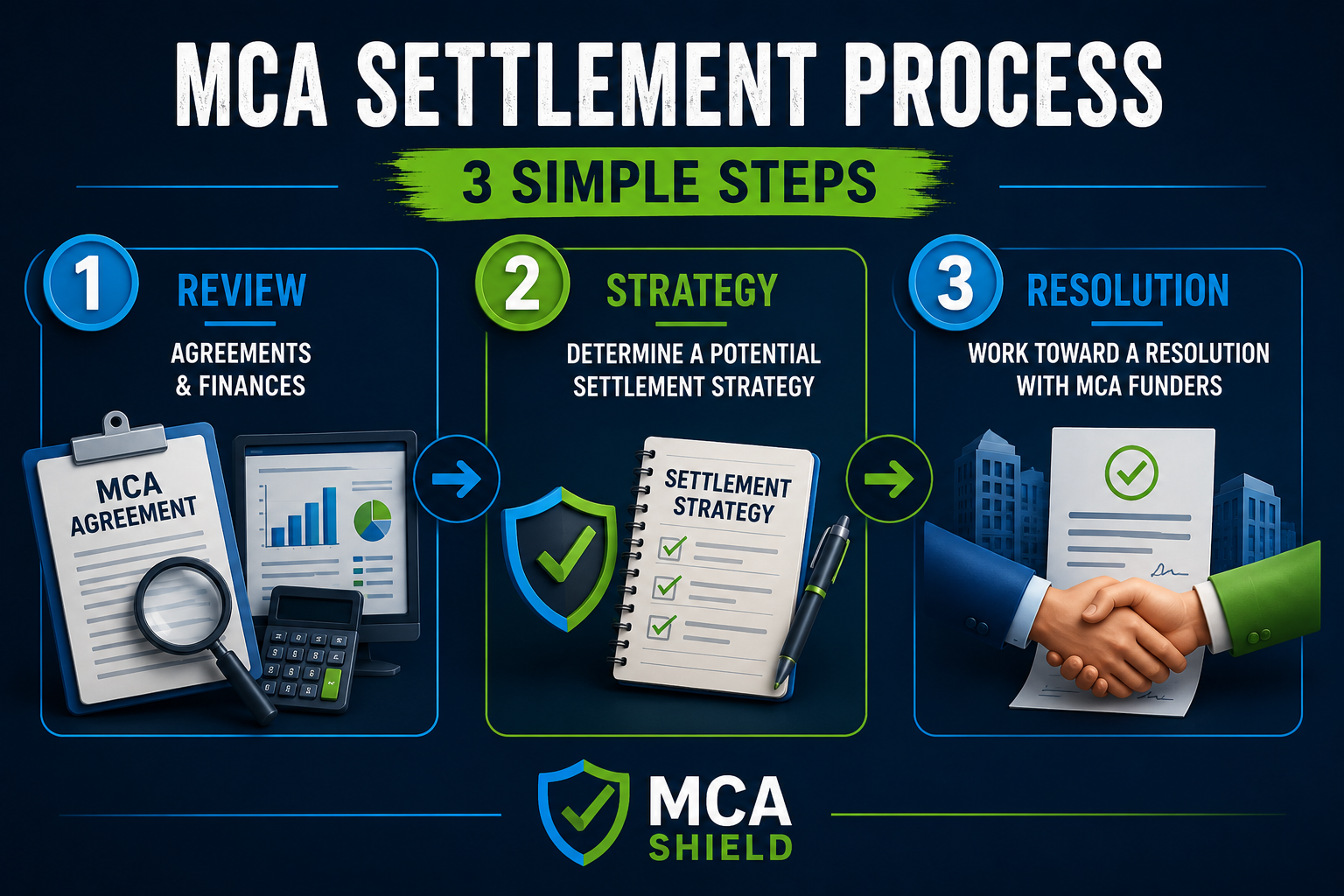 Merchant cash advance settlement process showing three steps to review MCA agreements, develop a settlement strategy, and work toward a resolution with funders