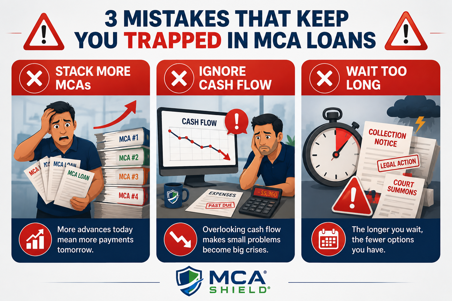 Infographic highlighting three mistakes that keep businesses trapped in MCA loans: stacking more MCAs, ignoring cash flow, and waiting too long to take action.