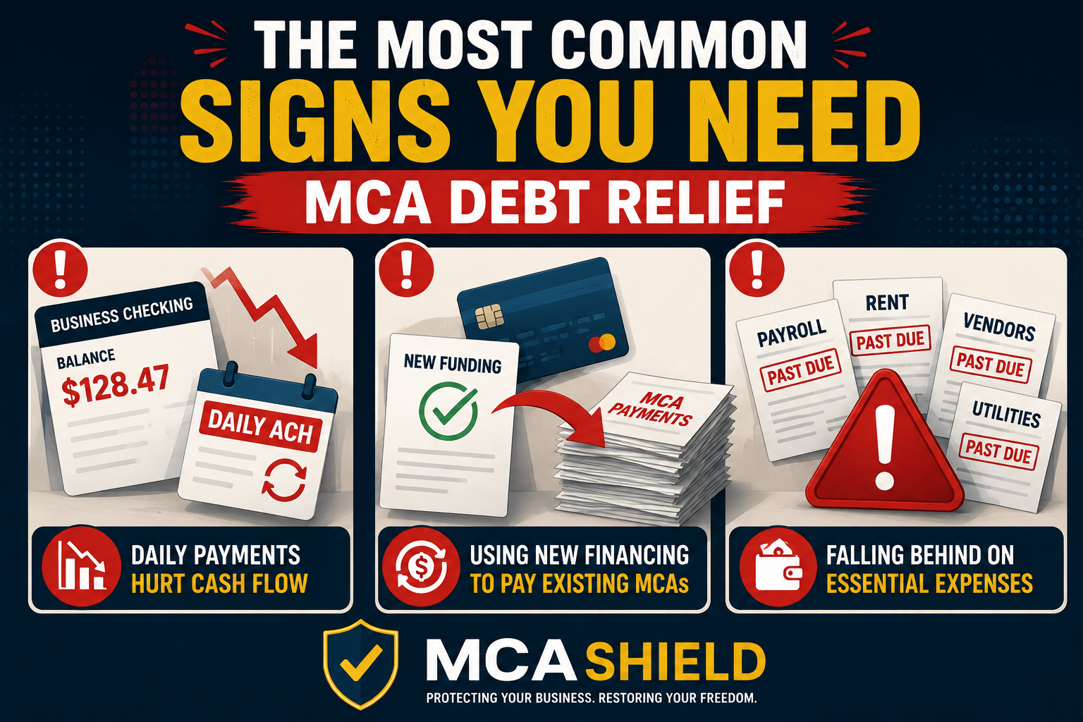 Infographic showing the most common signs you need MCA debt relief, including daily ACH payments hurting cash flow, using new financing to pay existing merchant cash advances, and falling behind on essential business expenses.