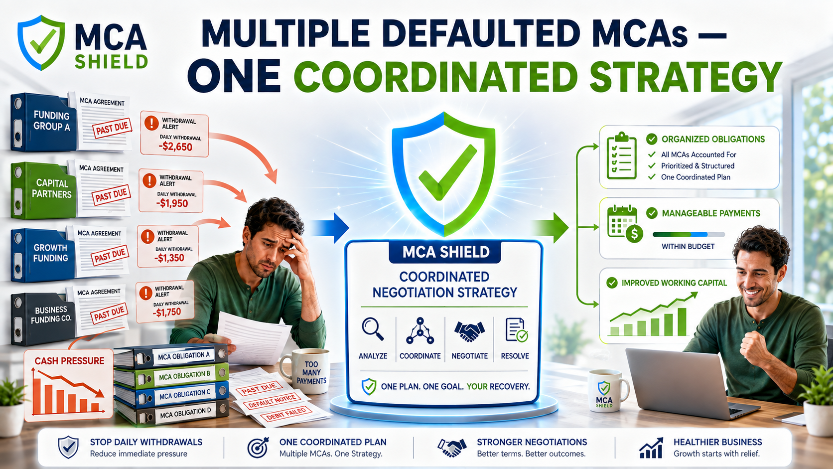 Multiple defaulted MCAs coordinated through MCA Shield negotiation strategy for organized obligations manageable payments and improved working capital