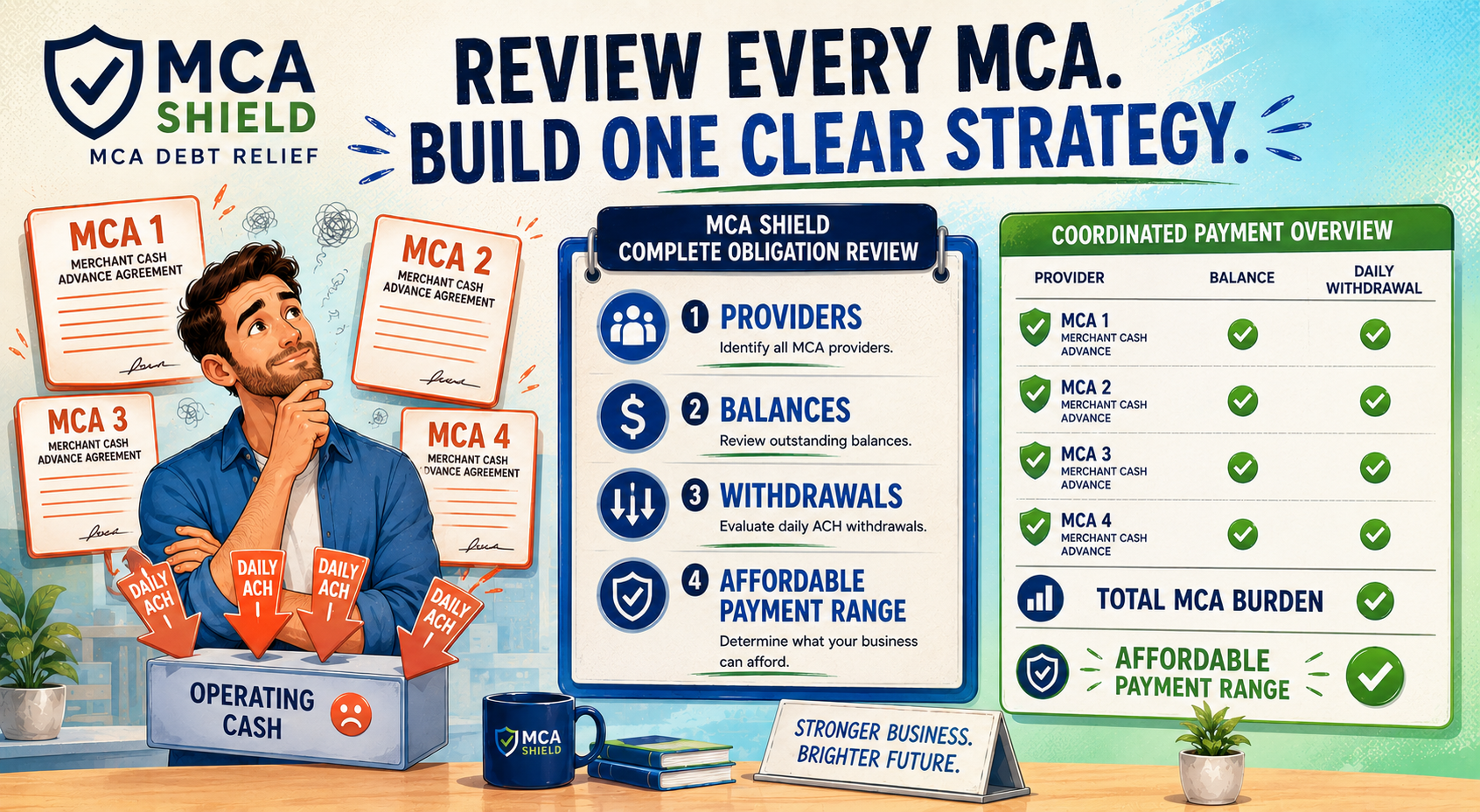 Business owner reviewing multiple MCA agreements, balances, withdrawals, and an affordable payment range with MCA Shield