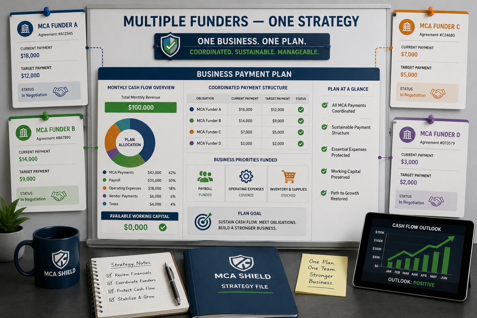 Multiple MCA funders coordinated through one negotiation strategy to manage payments and protect business cash flow