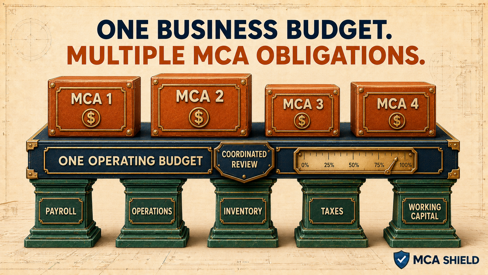 Four MCA obligations balanced within one business budget protecting payroll operations inventory taxes and working capital