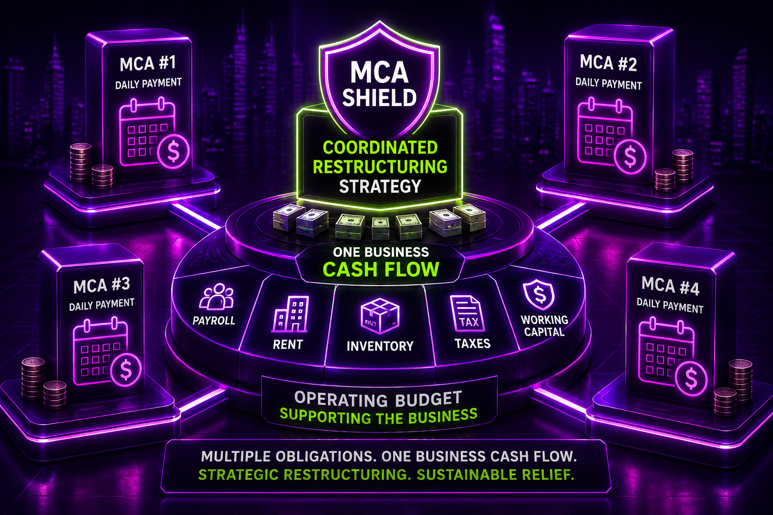 MCA debt restructuring strategy showing four MCA payments competing for one business cash flow and operating budget