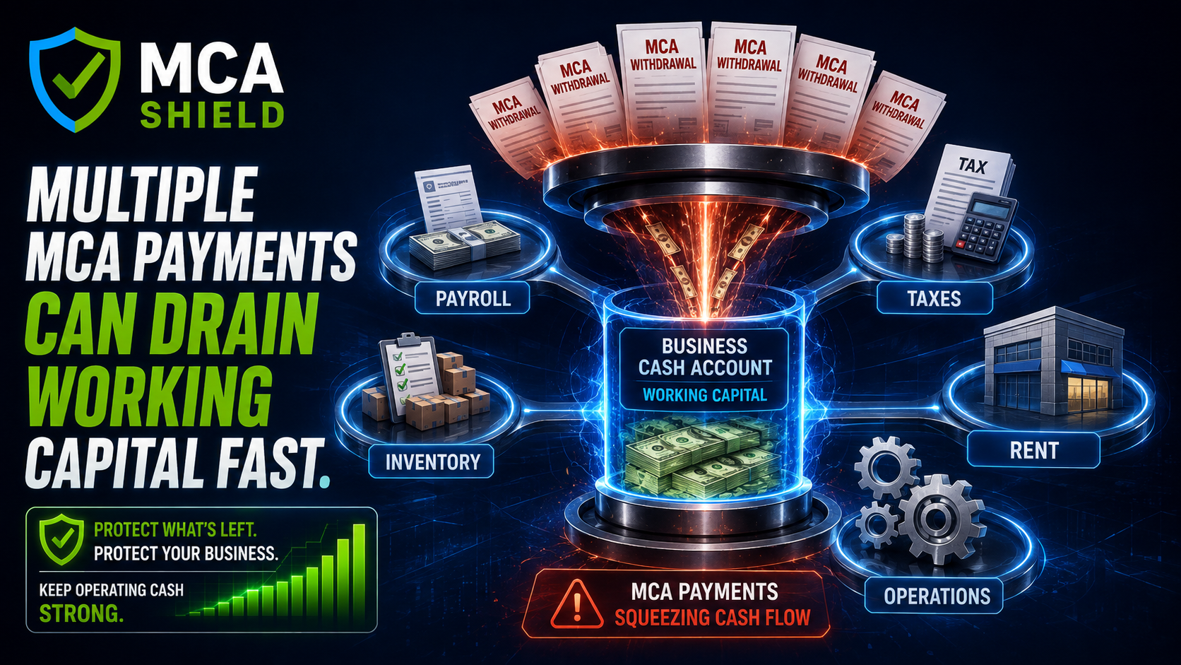MCA debt consolidation cash flow graphic showing multiple MCA payments draining working capital needed for payroll inventory taxes rent and operations