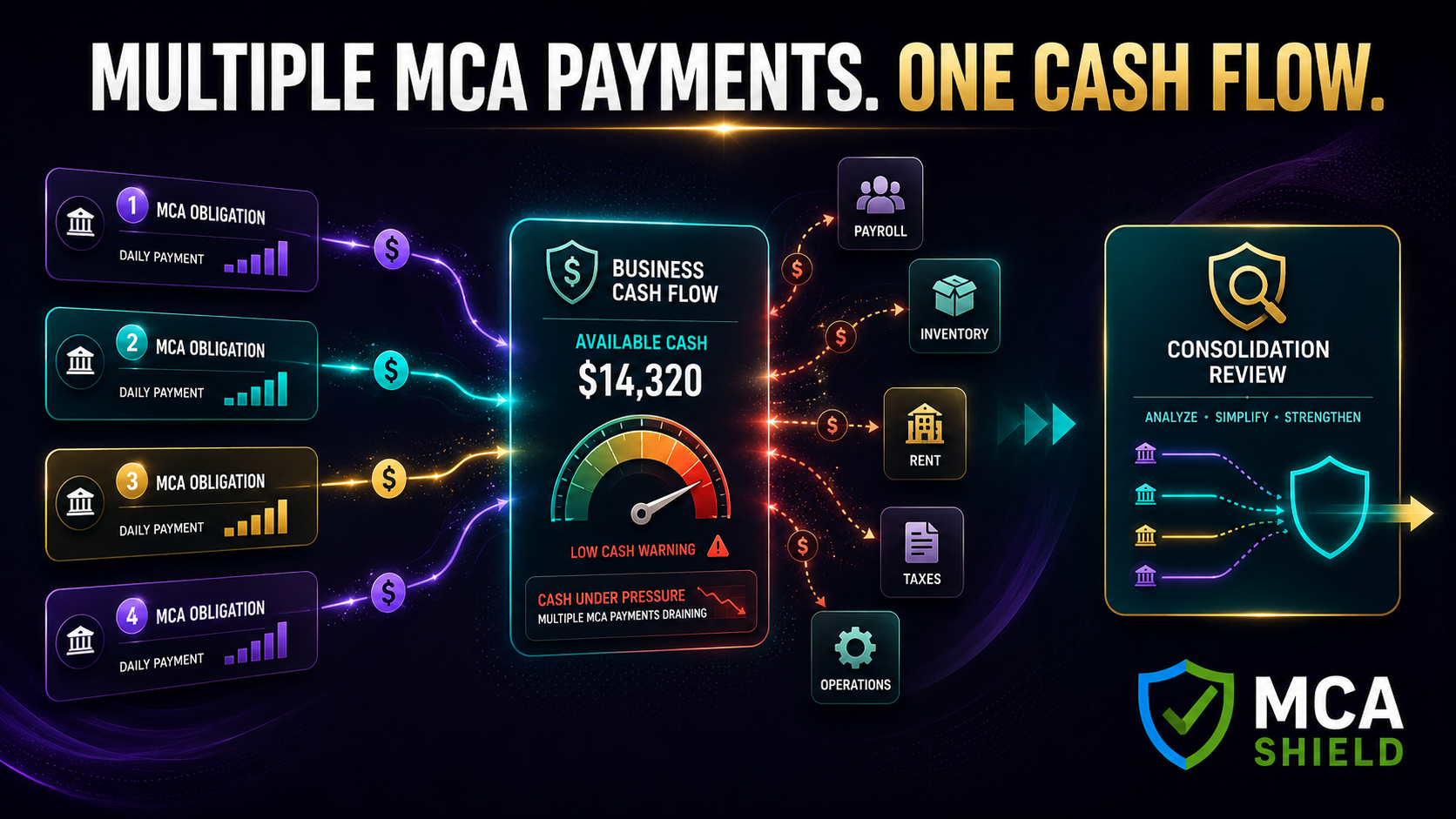 Multiple MCA payments draining business cash flow with consolidation review organizing merchant cash advance obligations