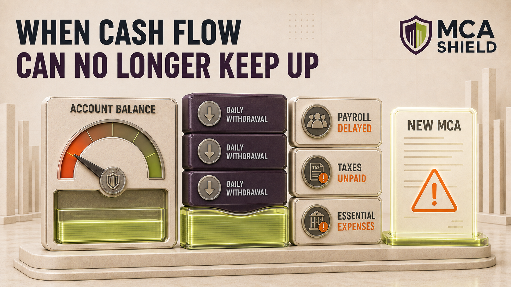Warning dashboard showing falling cash flow stacked MCA withdrawals delayed payroll unpaid taxes and essential expenses under pressure