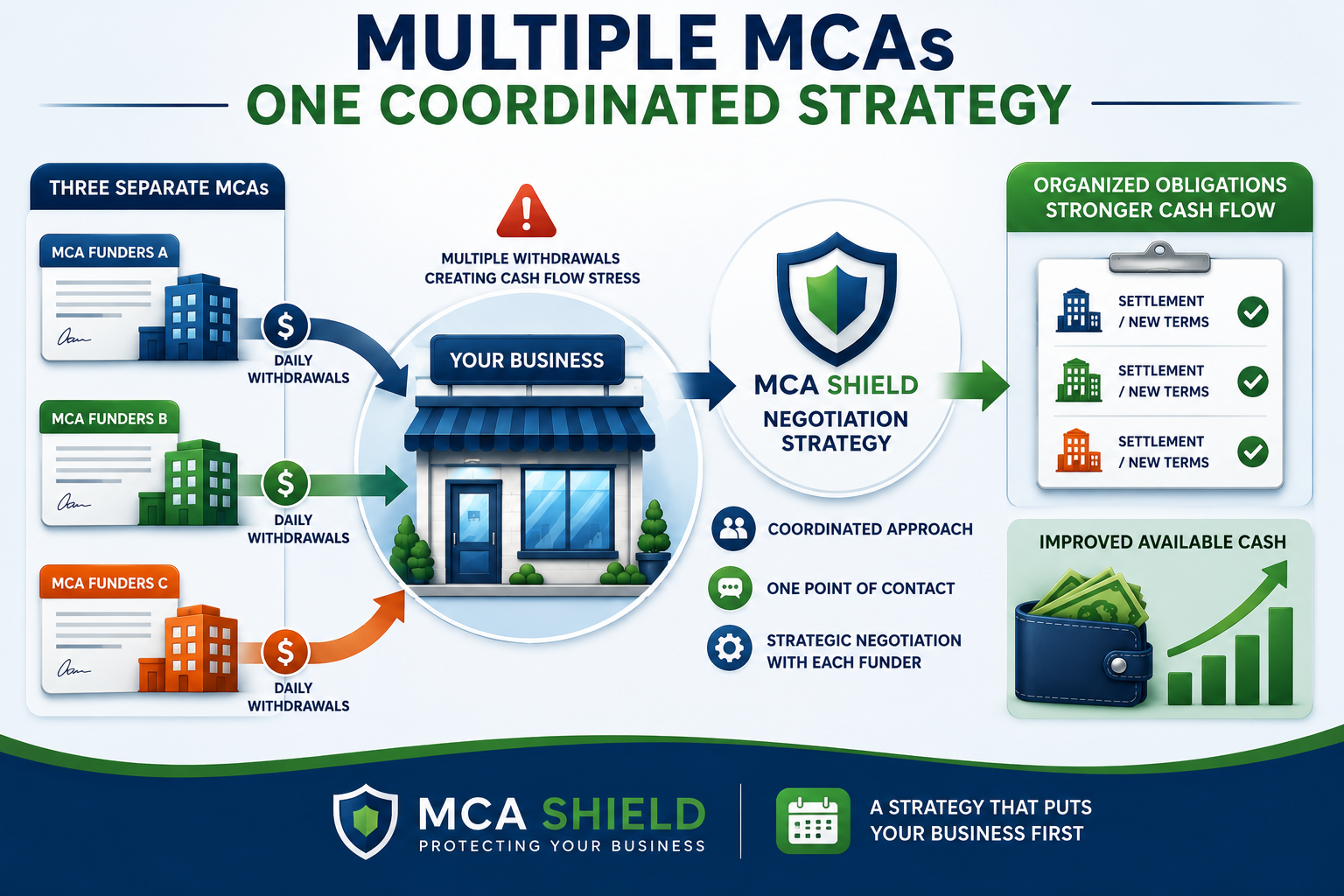 Multiple MCAs coordinated negotiation strategy showing organized obligations and improved business cash flow