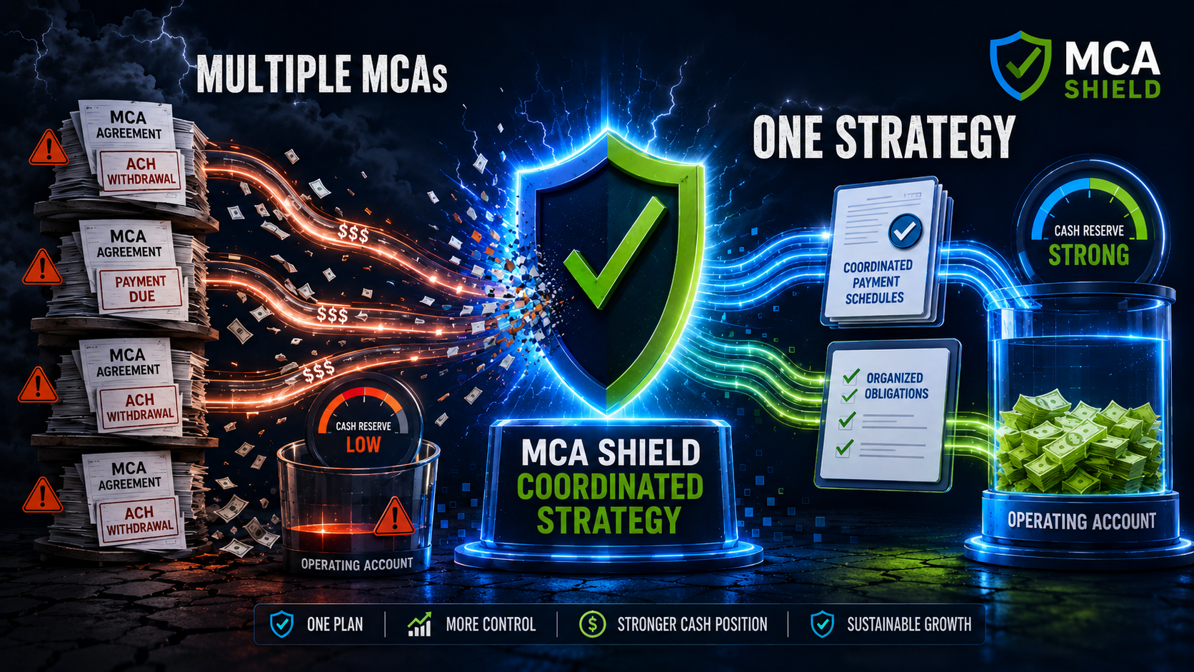 Multiple MCA agreements coordinated through MCA Shield strategy to reduce payment pressure and improve business cash flow