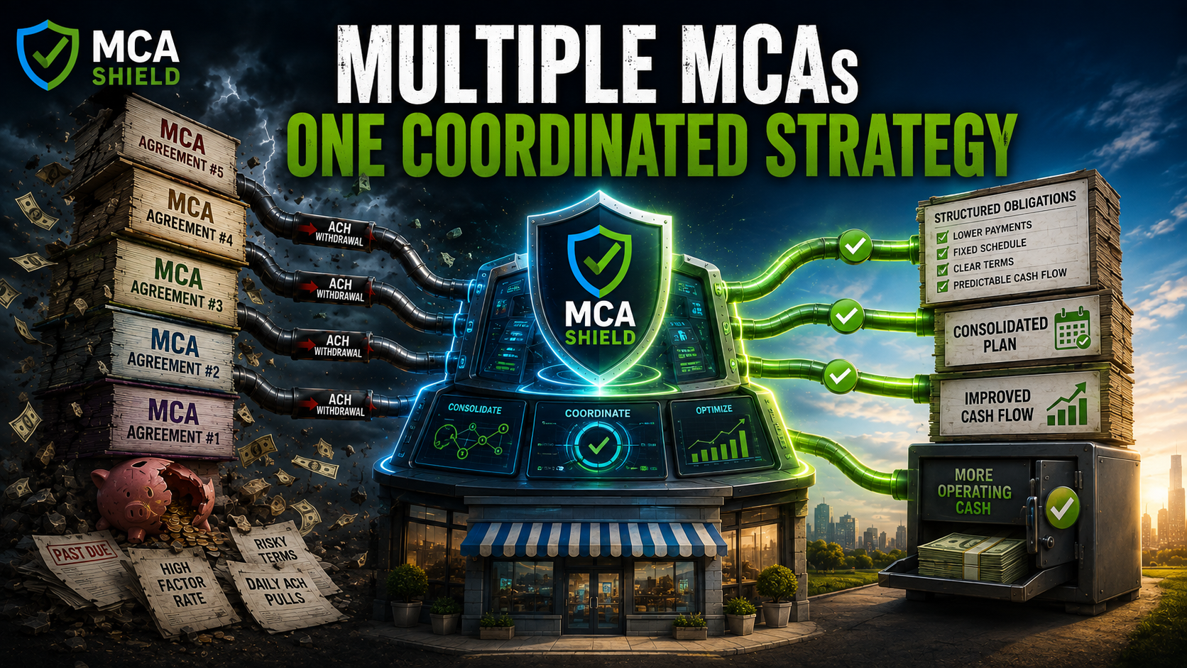 Multiple stacked MCA agreements coordinated by MCA Shield to reduce payment pressure and improve business cash flow
