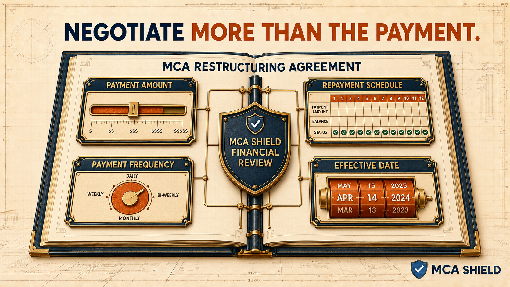 MCA restructuring agreement showing payment amount frequency repayment schedule and effective date under financial review
