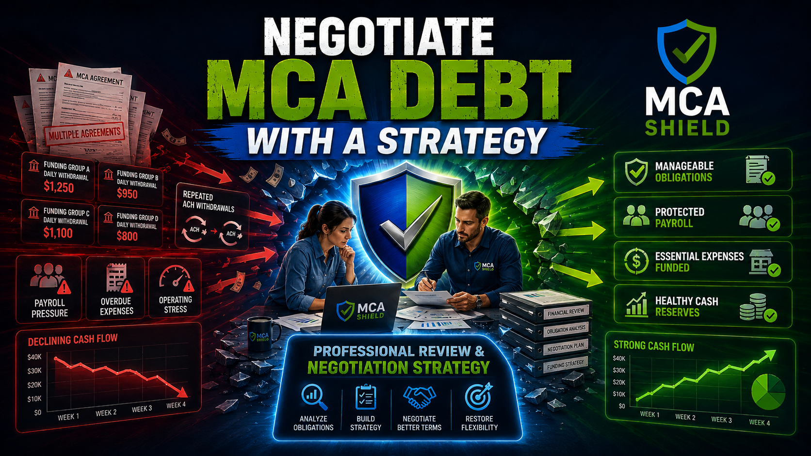 MCA Shield professional MCA debt negotiation strategy helping businesses reduce payment pressure protect payroll preserve cash reserves and improve cash flow