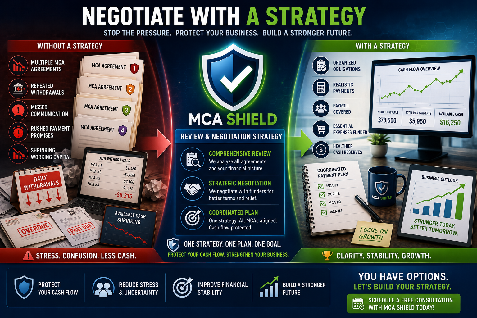 MCA negotiation strategy transforming multiple withdrawals and shrinking cash flow into organized payments, protected expenses, and healthier business finances