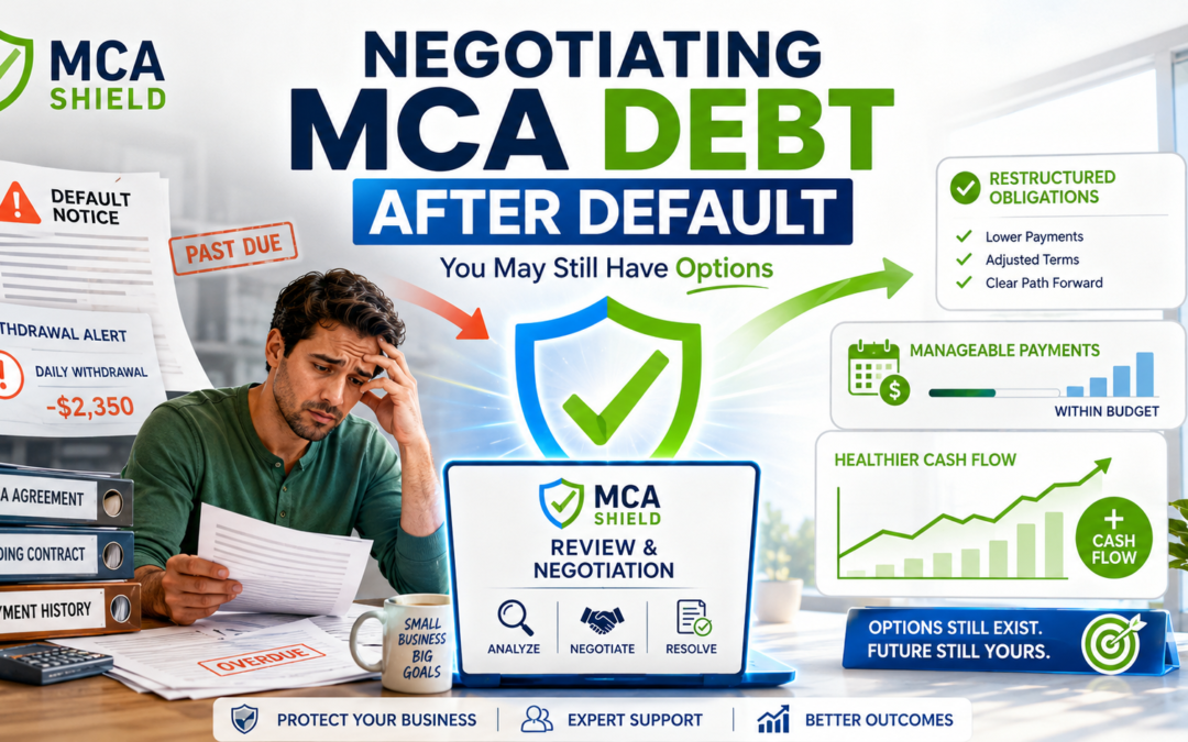 Negotiating MCA debt after default with MCA Shield review, manageable payments, restructured obligations, and improved business cash flow