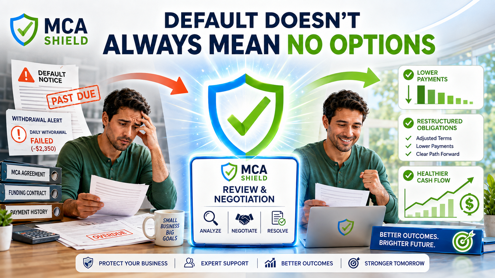 Negotiating MCA debt after default with MCA Shield review, lower payments, restructured obligations, and healthier business cash flow