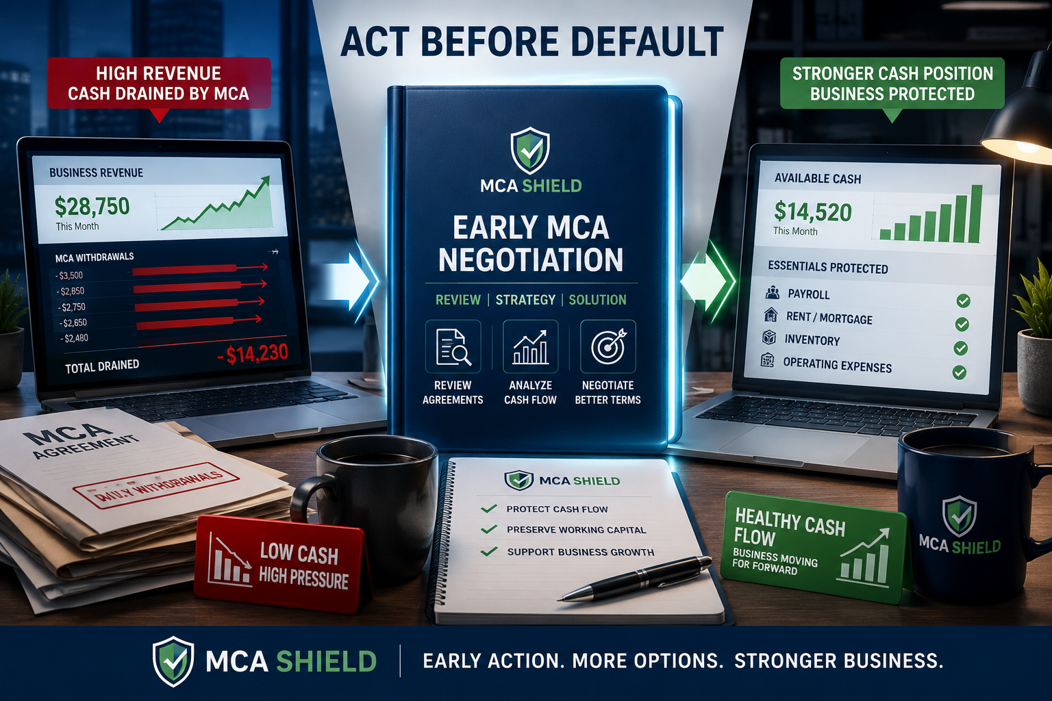 Early MCA negotiation before default protecting business cash flow and essential operating expenses