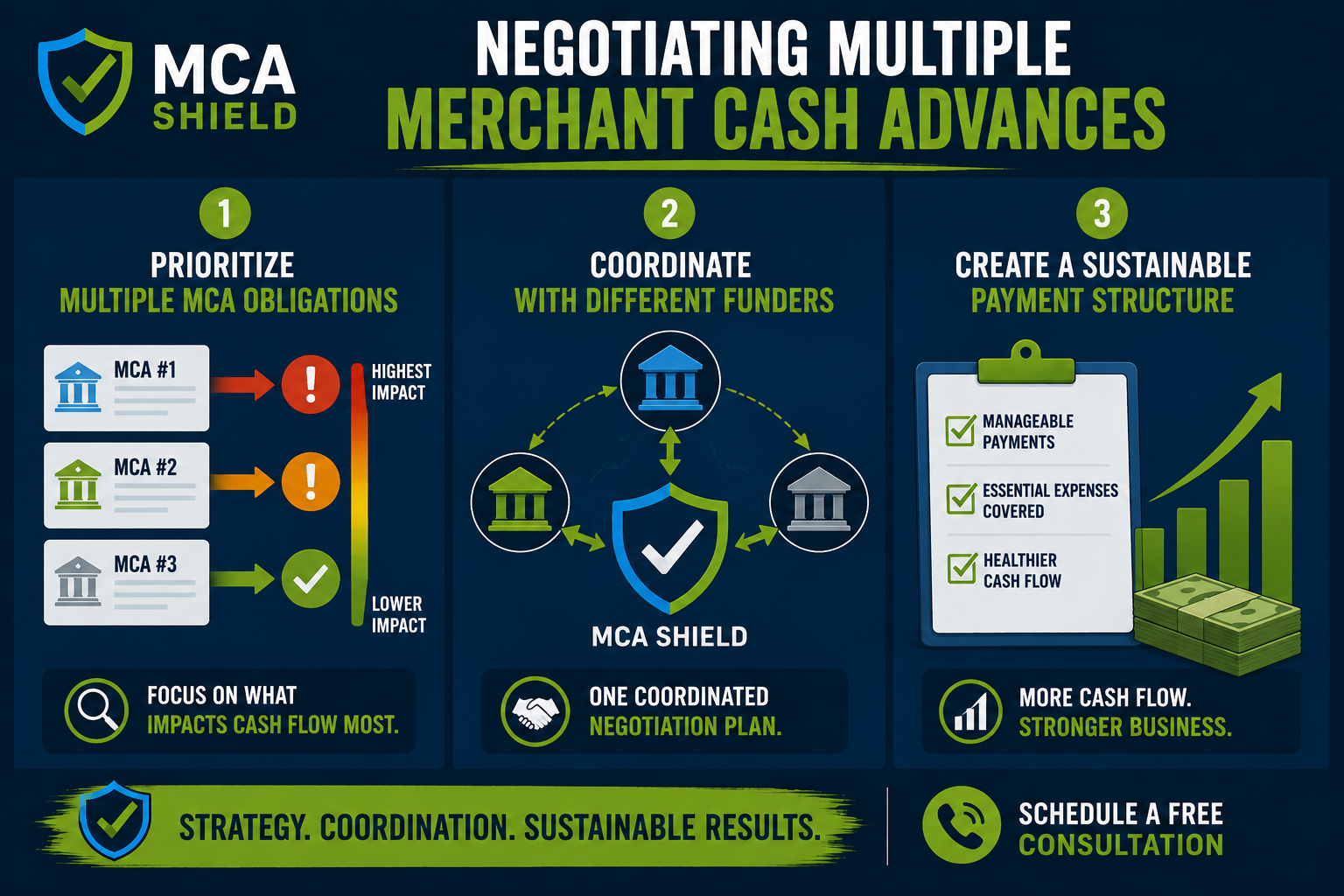 Negotiating multiple merchant cash advances through coordinated MCA debt negotiation for manageable payments and improved cash flow