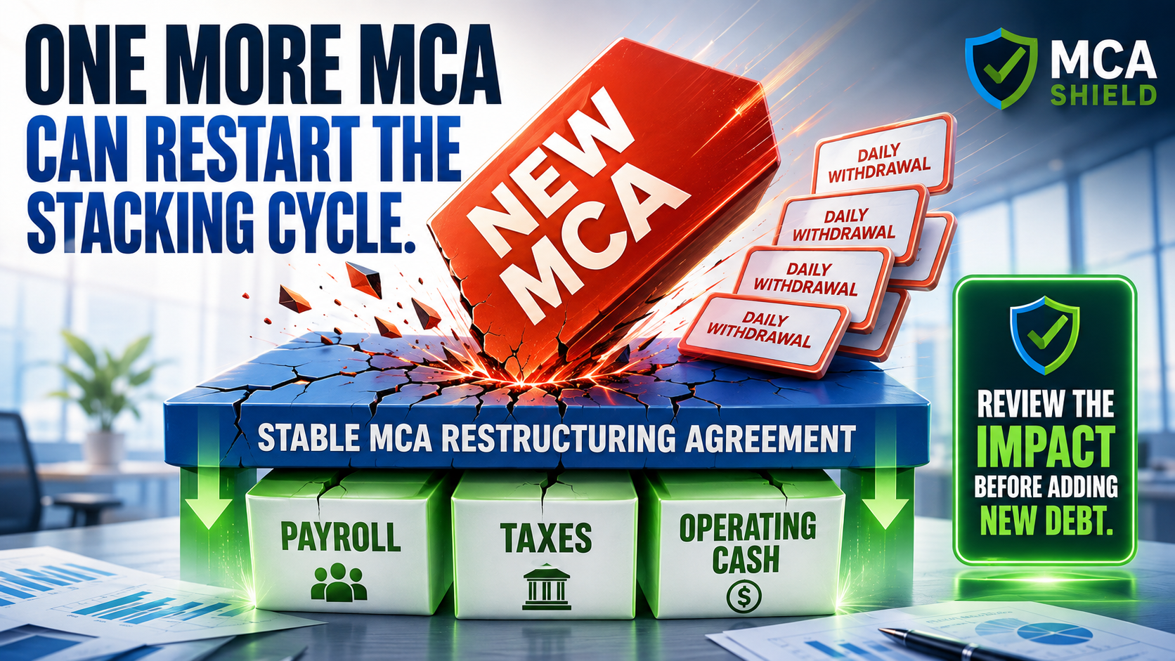 New merchant cash advance restarting the MCA stacking cycle and compressing payroll, taxes, and operating cash during restructuring