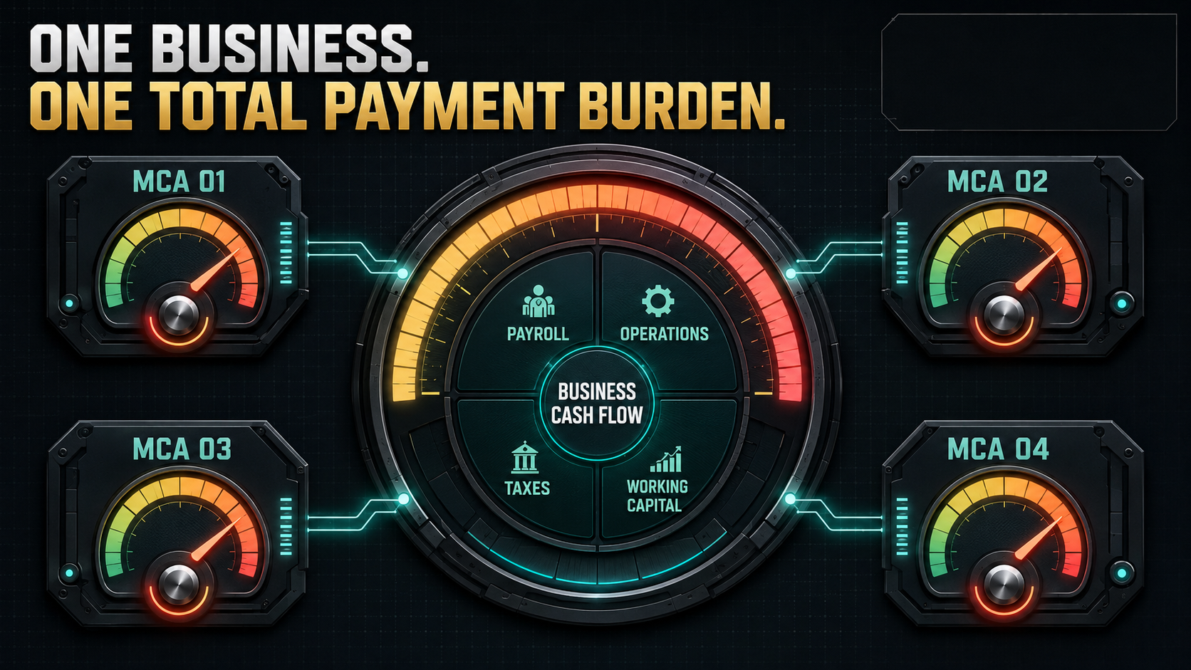 Four MCA withdrawal controls pressing against one business cash flow gauge protecting payroll operations taxes and working capital