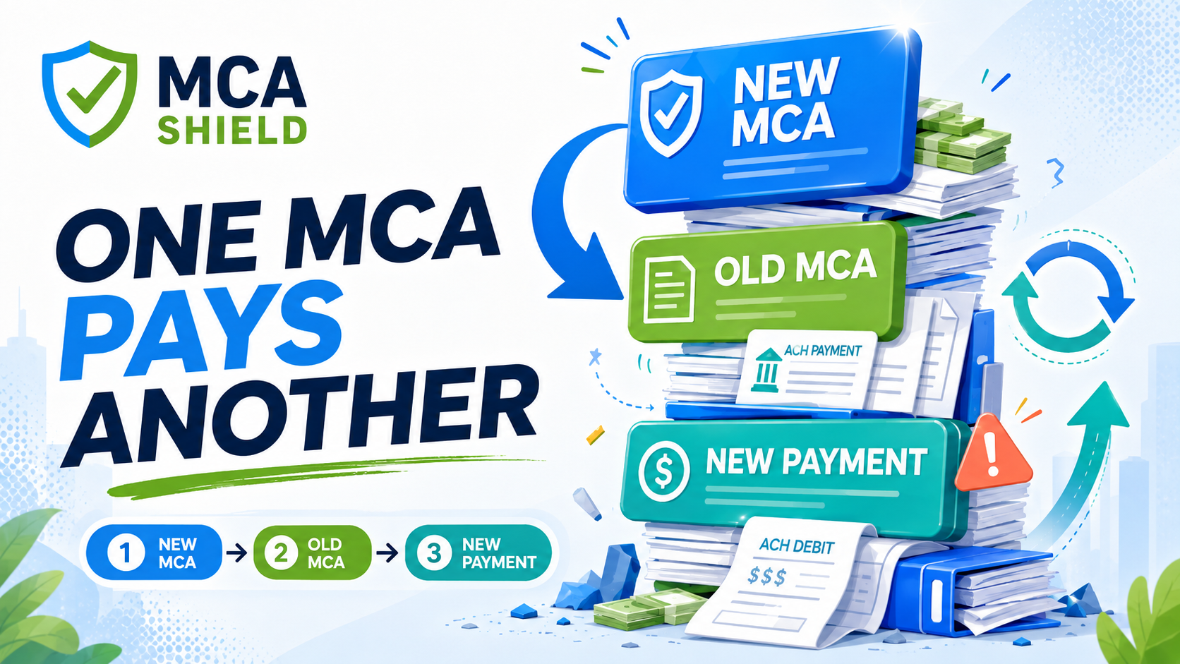 Illustration showing one new MCA paying off an old MCA while creating a new payment and deeper loan stacking cycle