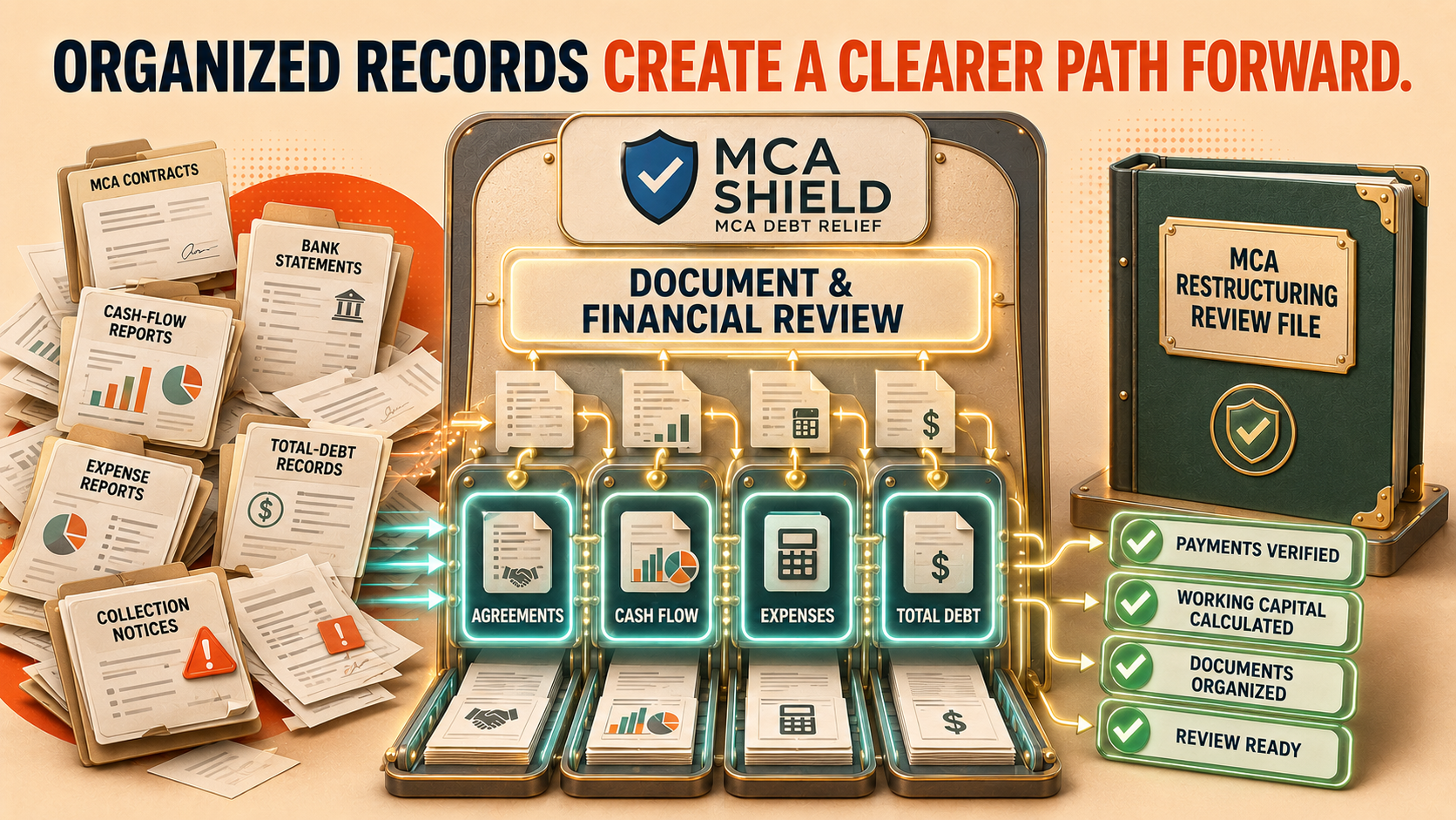MCA Shield organizing contracts, bank statements, expense reports, debt records, and collection notices for an MCA debt restructuring review