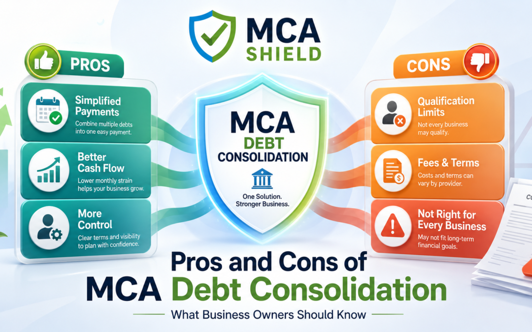 Pros and cons of MCA debt consolidation infographic with MCA Shield logo showing simplified payments better cash flow more control qualification limits fees and terms for business owners