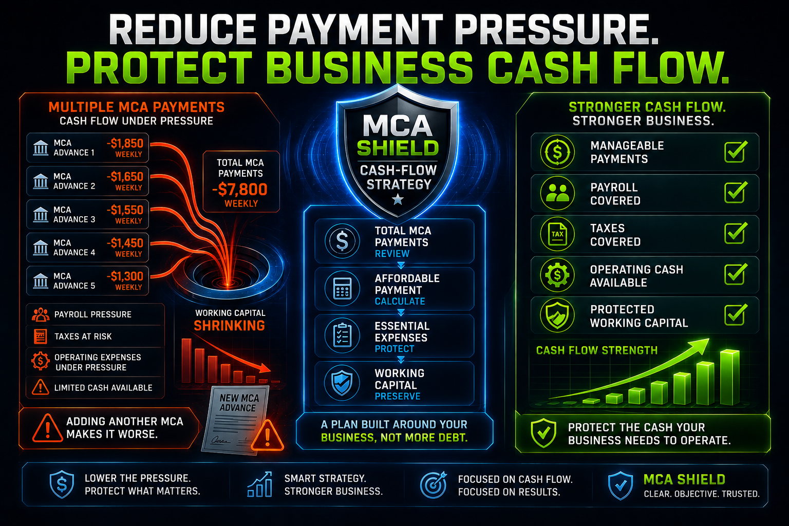 MCA debt consolidation cash flow graphic showing reduced payment pressure protected payroll taxes operating cash and working capital through an MCA Shield strategy