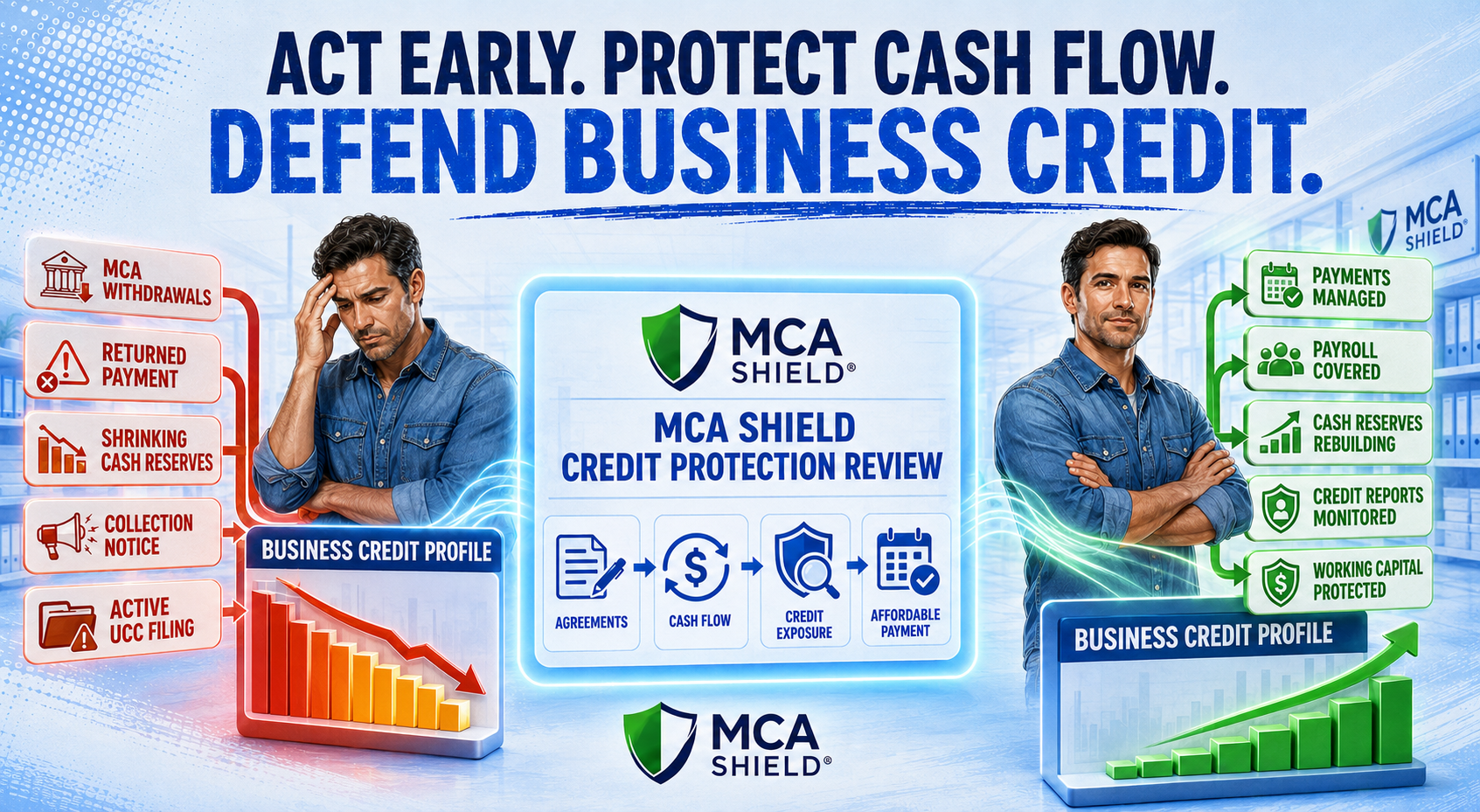MCA Shield credit protection review transforming MCA payment pressure, returned payments, collection notices, and an active UCC filing into managed payments and protected business credit