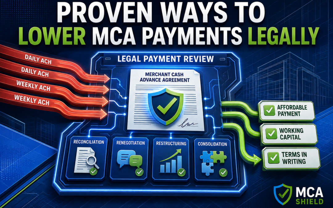 MCA payment review showing legal ways to lower MCA payments through reconciliation, renegotiation, restructuring, and consolidation