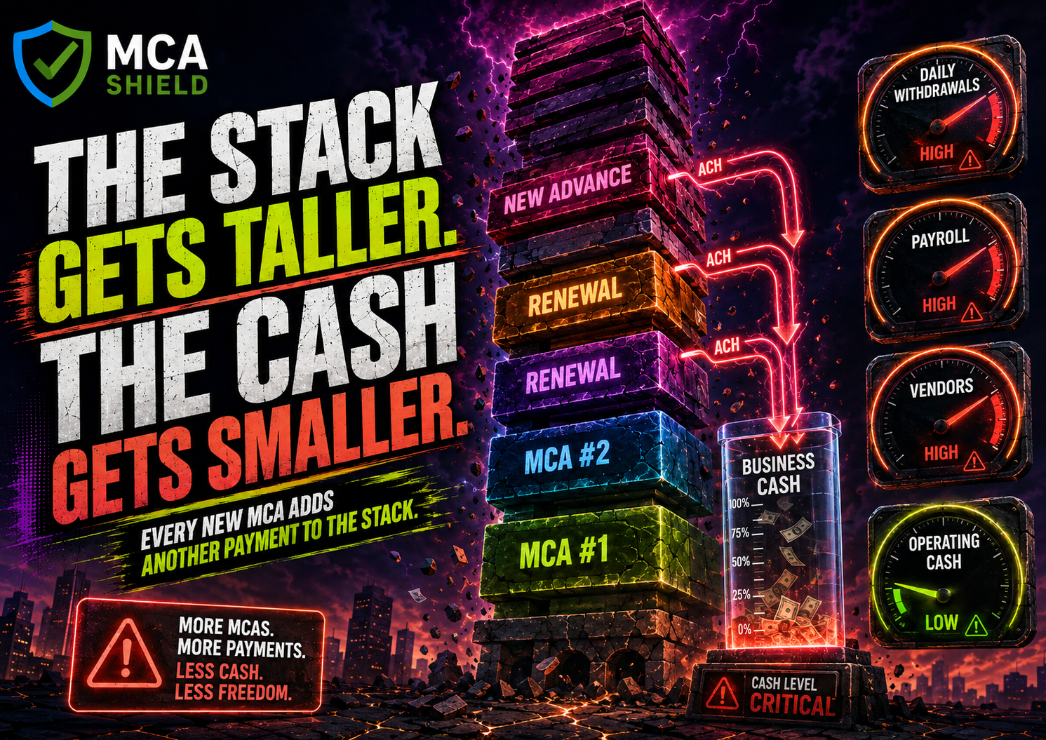 Renewing stacked MCAs increases daily payment pressure while shrinking business cash flow and working capital