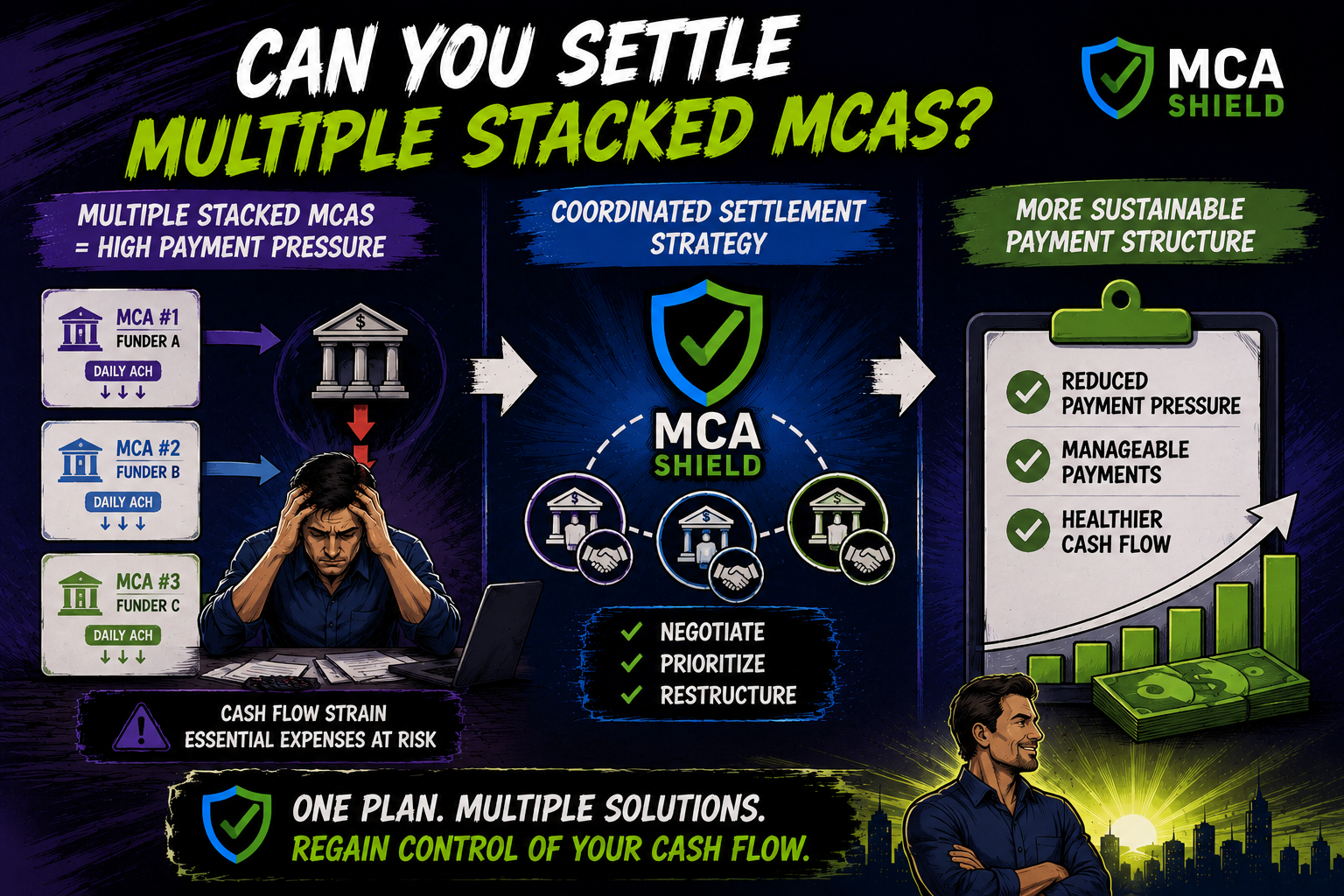 MCA settlement strategy for multiple stacked MCAs to reduce payment pressure and improve business cash flow