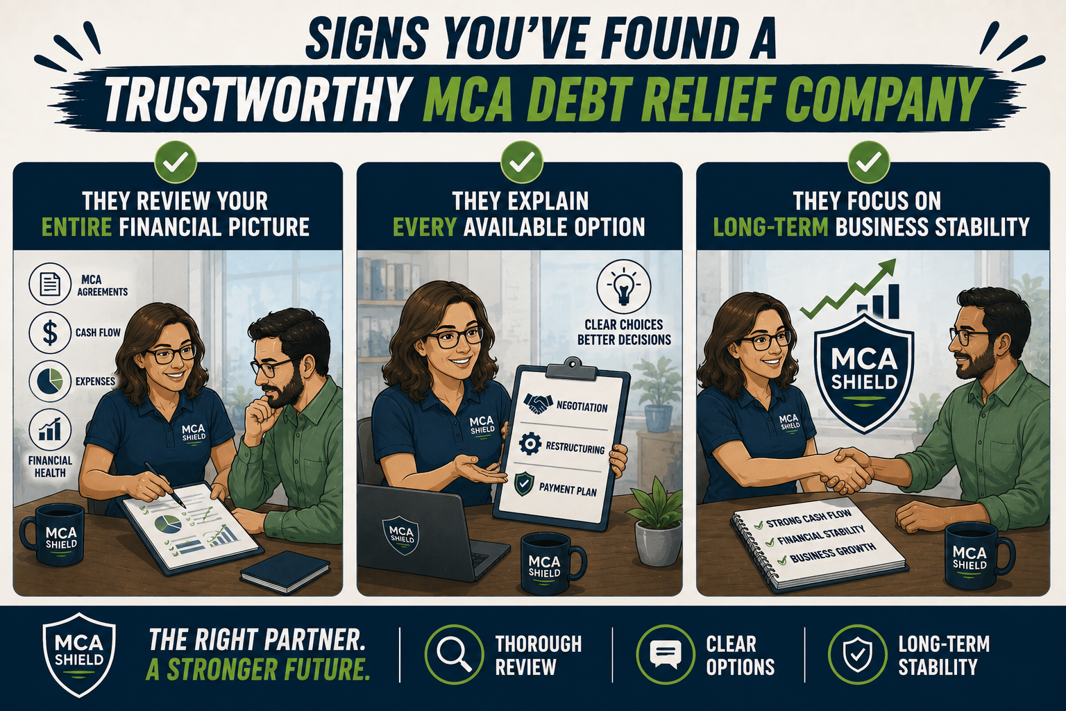 Illustration showing the signs of a trustworthy MCA debt relief company, including a complete financial review, clear explanation of Merchant Cash Advance debt relief options, and a focus on long-term business stability.