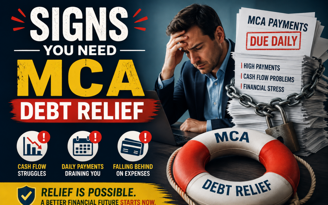 Business owner showing the warning signs you need MCA debt relief while facing daily ACH payments, cash flow problems, mounting merchant cash advance debt, and financial stress.
