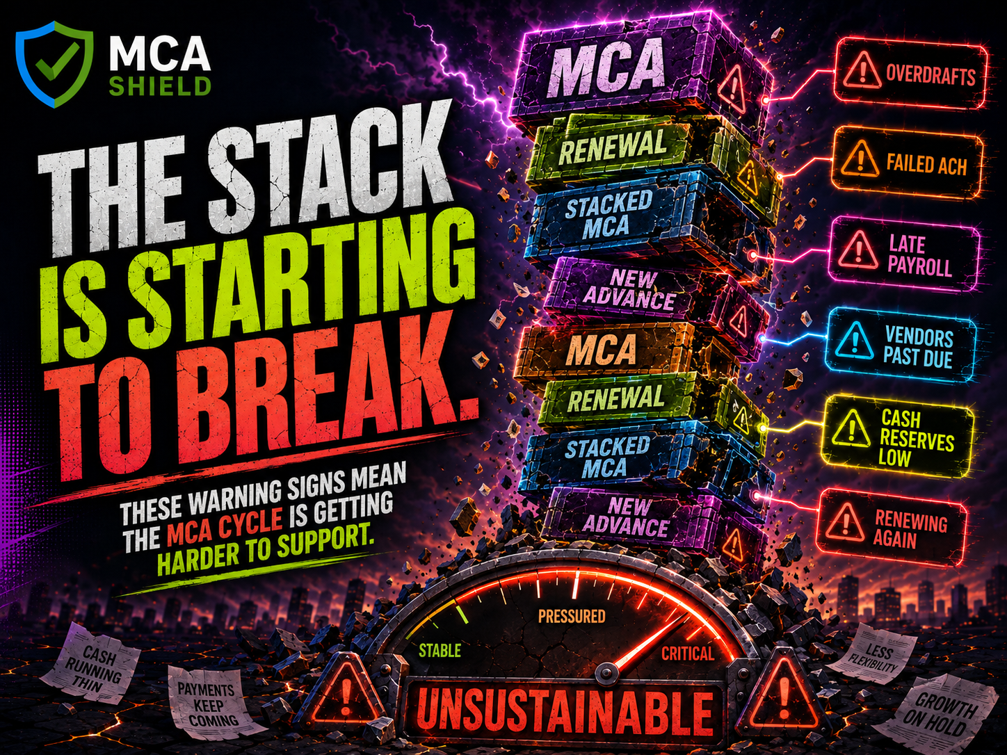 Unstable stacked MCA renewals showing overdrafts failed ACH late payroll past due vendors low cash reserves and unsustainable payment pressure