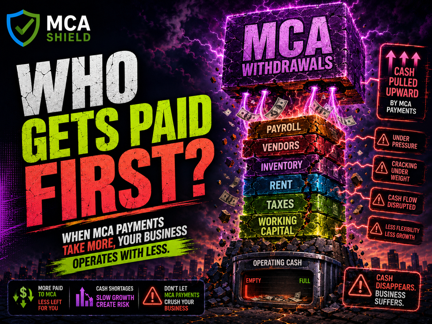 Stacked MCA withdrawals pressure payroll vendors inventory taxes and working capital while business operating cash continues to shrink