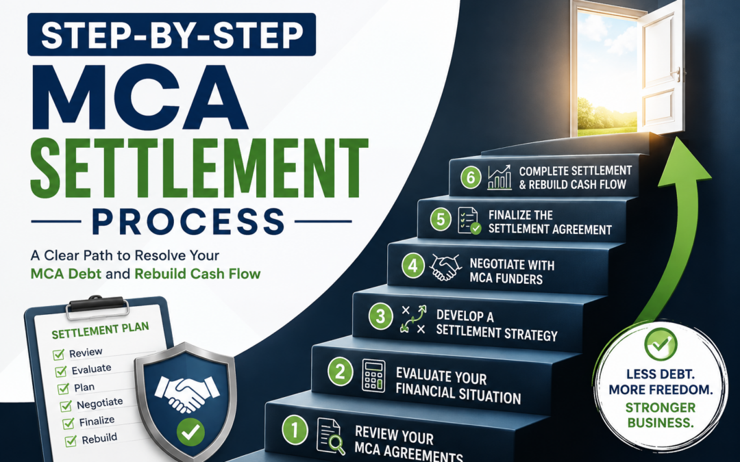Step-by-step MCA settlement process showing six stages from reviewing MCA agreements to completing settlement and rebuilding business cash flow