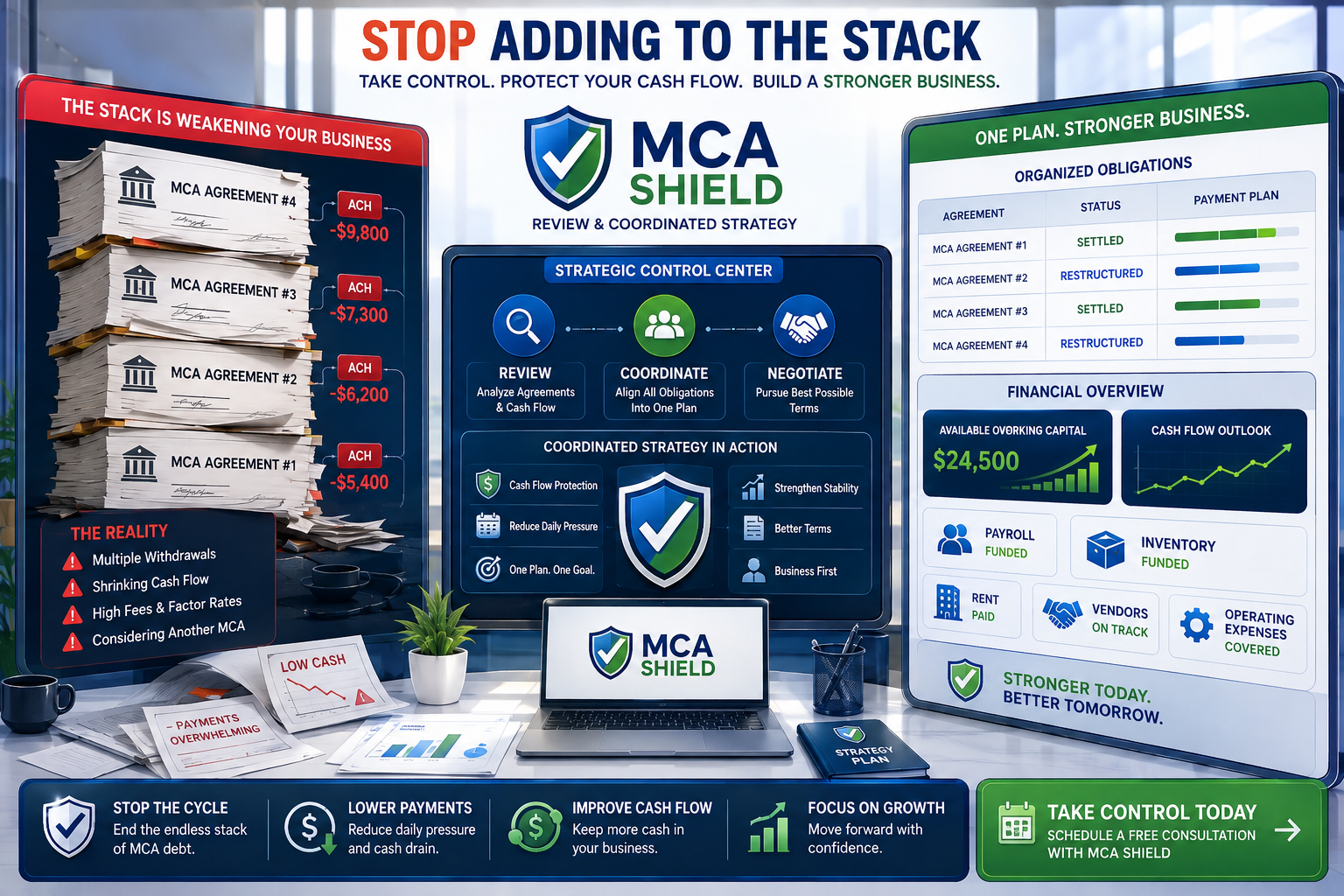 MCA loan stacking strategy showing multiple agreements reorganized through MCA Shield to protect working capital and business cash flow