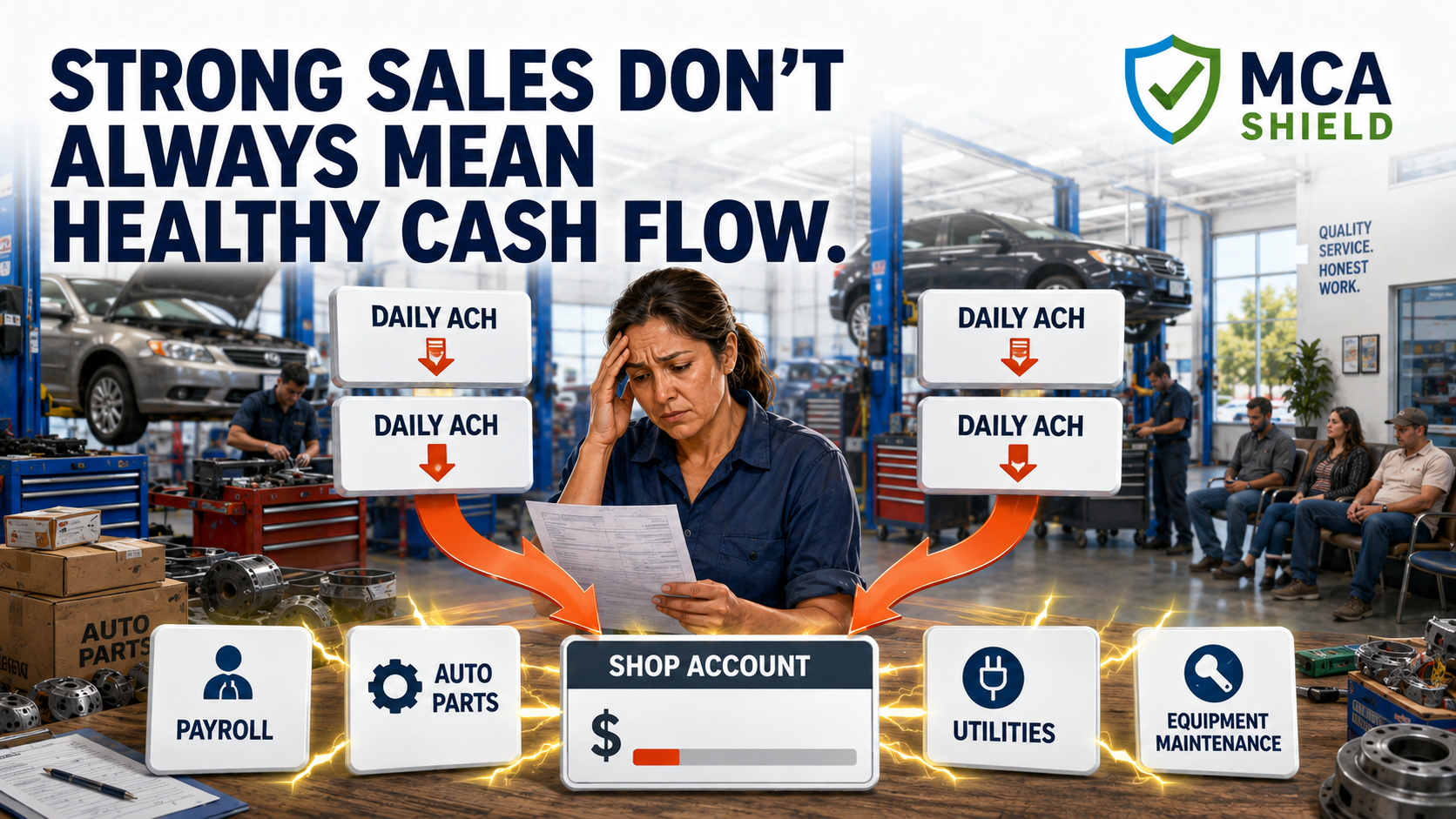 Auto repair shop owner facing daily MCA payment pressure despite strong sales and active repair bays
