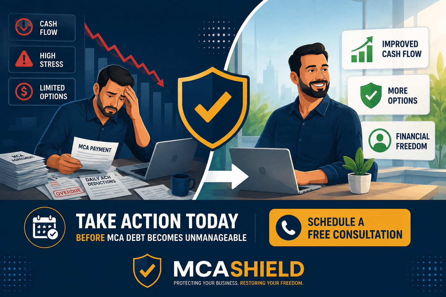 Business owner taking action before MCA debt becomes unmanageable by seeking MCA debt relief to improve cash flow, increase financial options, and restore business stability.