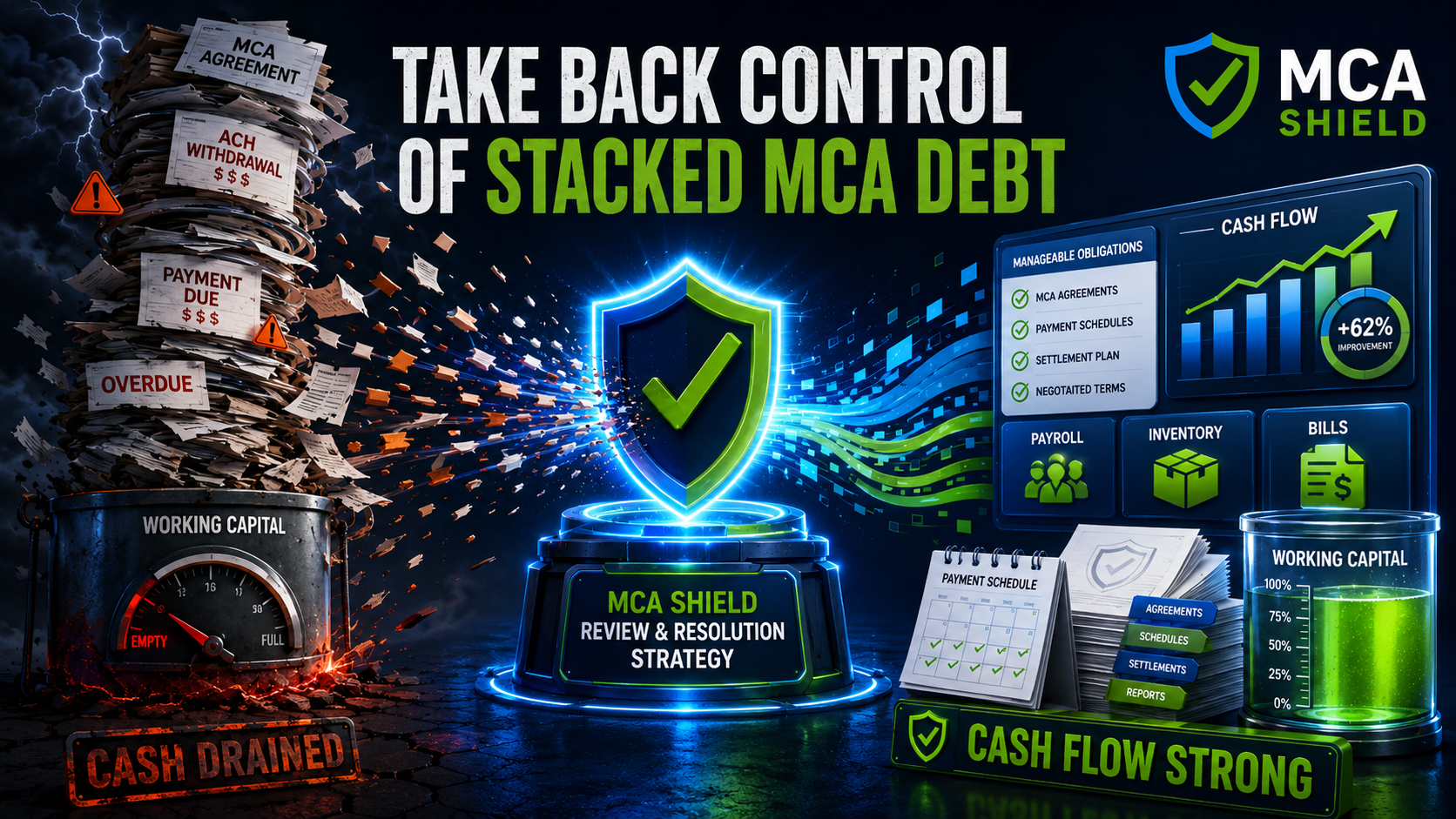 Stacked MCA debt graphic showing MCA agreements ACH withdrawals shrinking working capital and MCA Shield resolution strategy improving cash flow