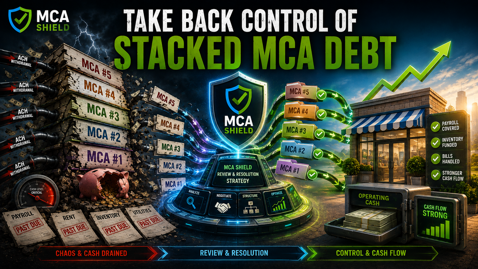 Take back control of stacked MCA debt with MCA Shield turning multiple ACH withdrawals into stronger business cash flow
