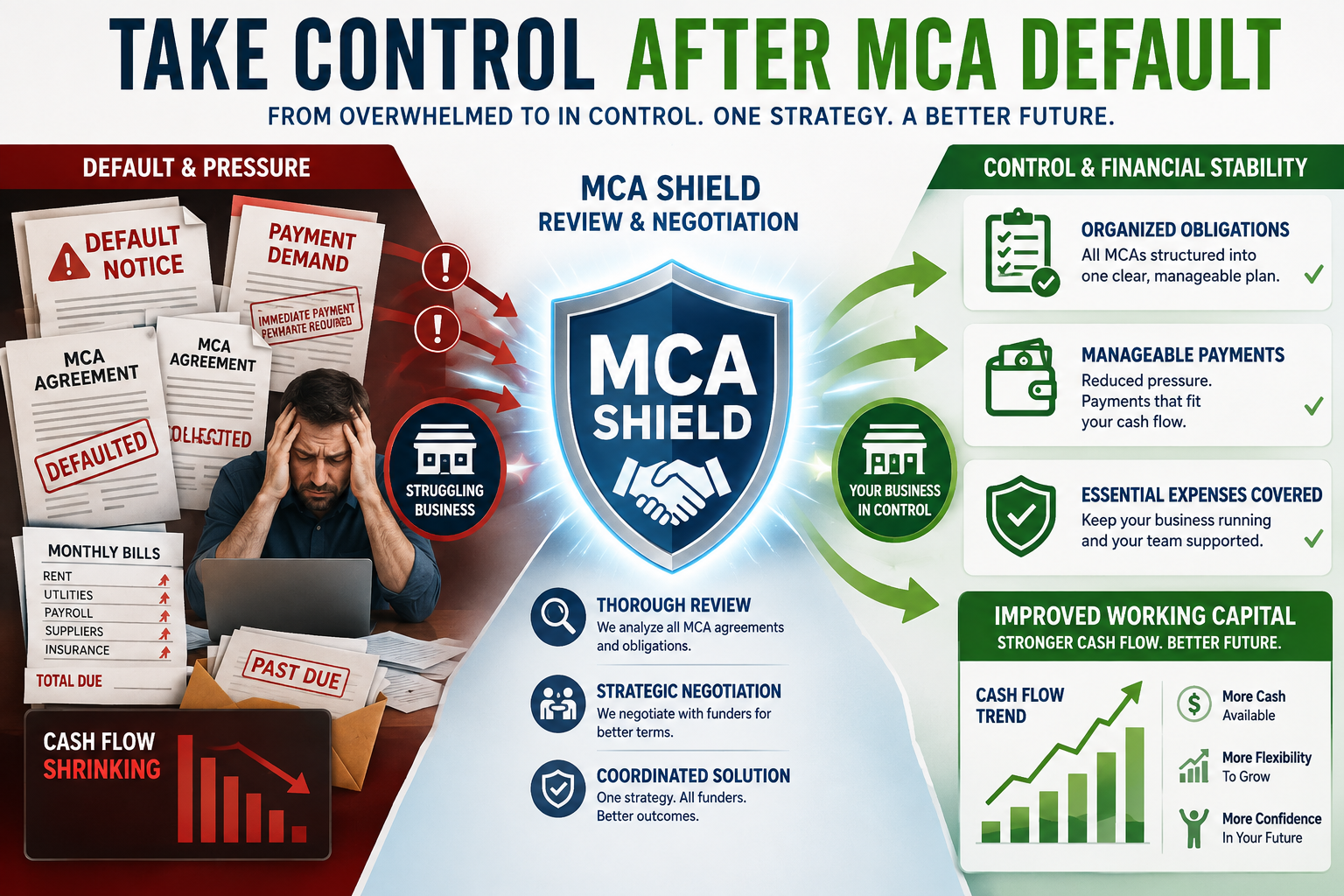 MCA debt negotiation after default with MCA Shield review organized obligations manageable payments and improved business cash flow